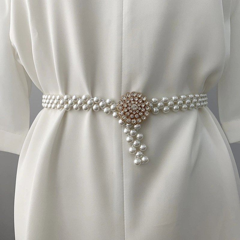 New Fashion Elastic Waist Belt Female Lady Women All-Match Pearl Belt Diamond Inside with Dress Belt Bl-3013